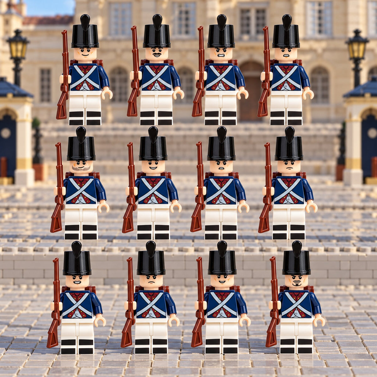Twelve Napoleonic infantry minifigures arranged in three rows on a parade ground