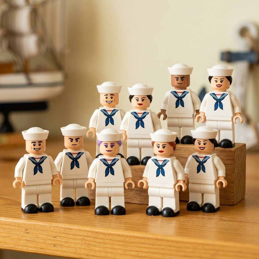 Naval Officer Collectible Minifigure Collection — Elite Crew with White Dress Uniforms, Blue Trim Insignia, and Command Variety