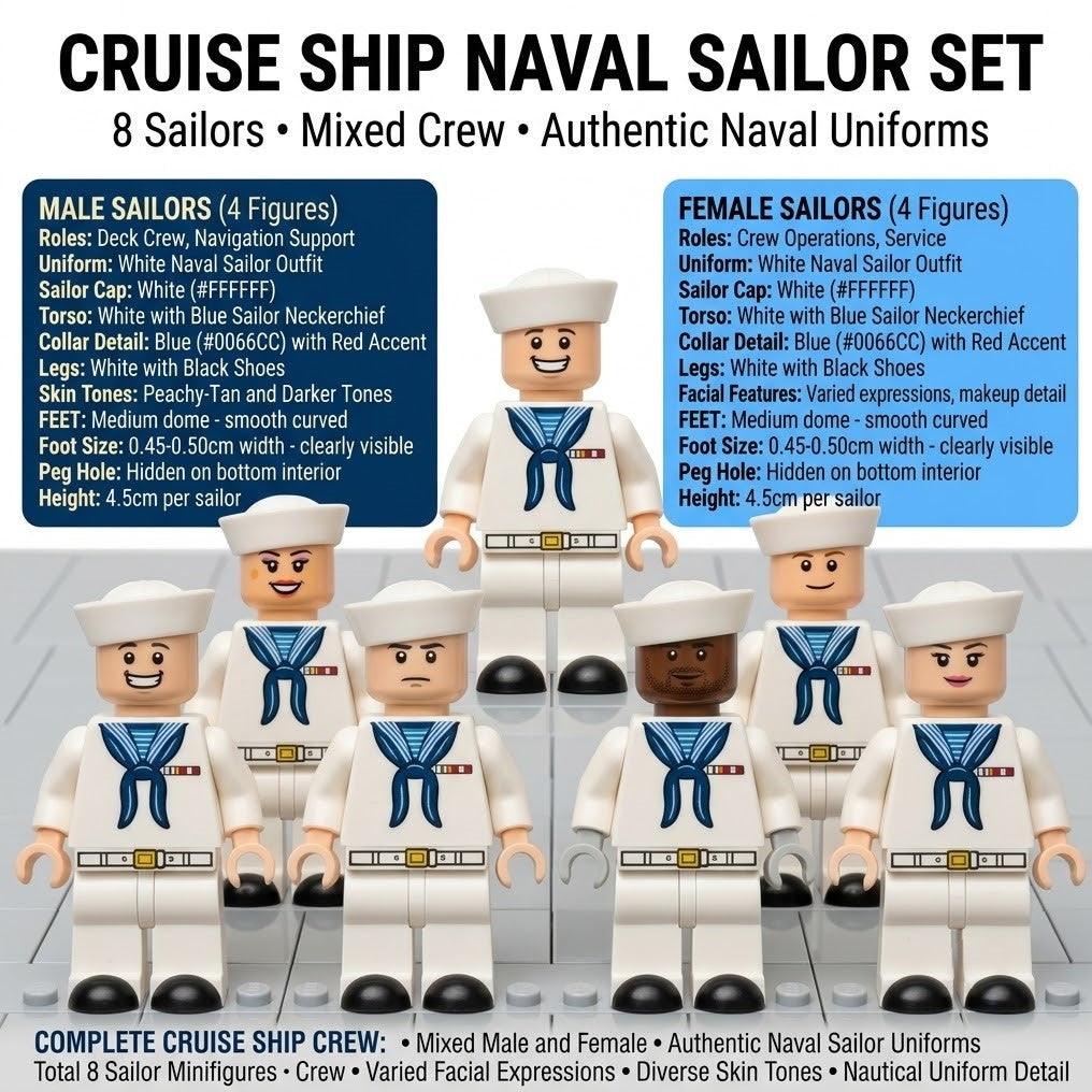 Naval Officer Collectible Minifigure Collection — Elite Crew with White Dress Uniforms, Blue Trim Insignia, and Command Variety