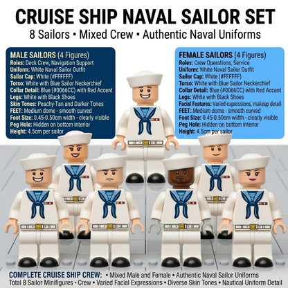 Naval Officer Collectible Minifigure Collection — Elite Crew with White Dress Uniforms, Blue Trim Insignia, and Command Variety