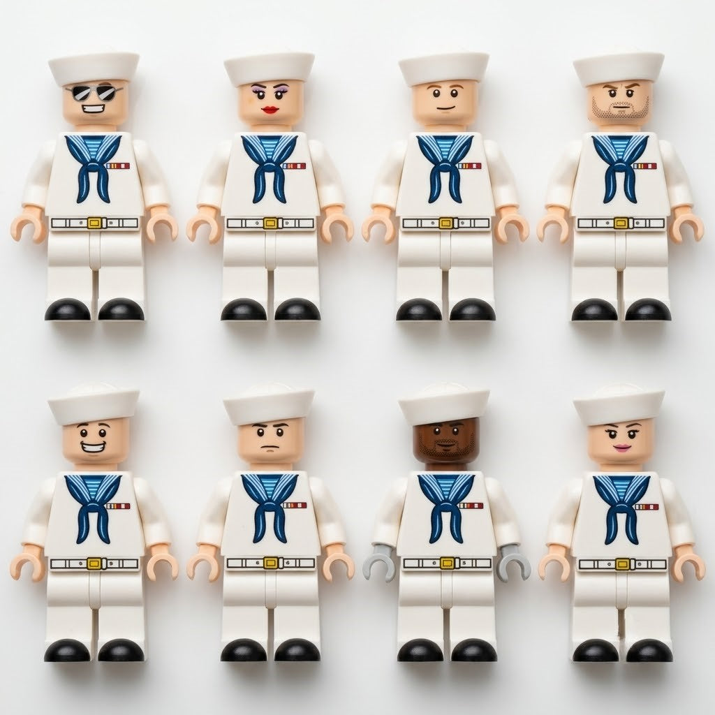 Naval Officer Collectible Minifigure Collection — Elite Crew with White Dress Uniforms, Blue Trim Insignia, and Command Variety