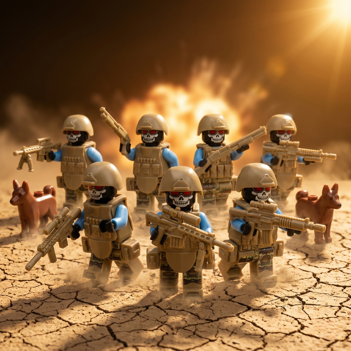 Skull Squad Desert Special Forces advancing with K9 units in a desert scene, scenery not included