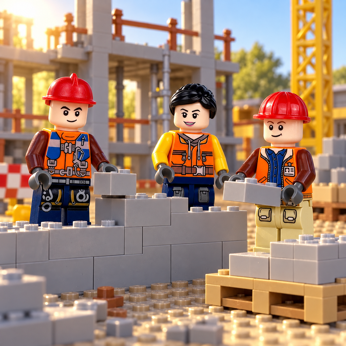 Construction Workers Site Crew in a decorative brick-built work scene. Scenery not included.