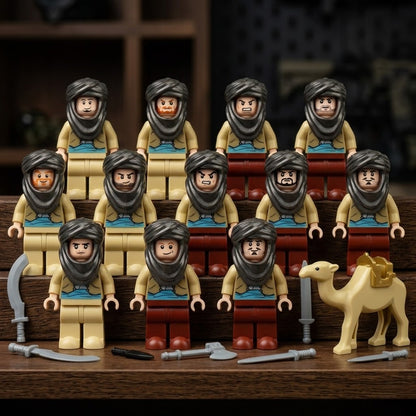 Desert Nomadic Warrior Collectible Minifigure Collection — 12-Soldier Squad with Camel Transport, Curved Scimitars, and Tactical Variants
