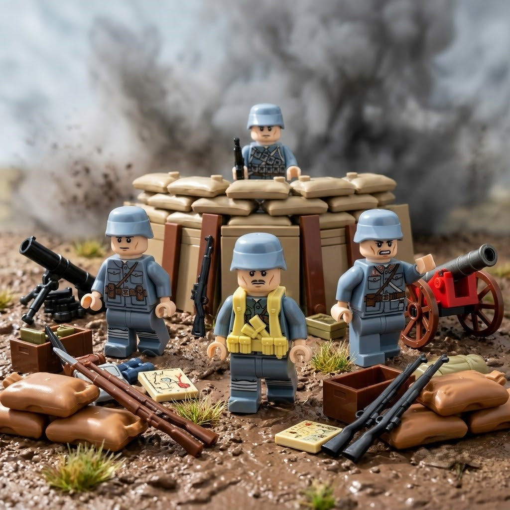 Blue-Grey Infantry Minifigure Set - 12 Soldiers with Horse-Drawn Transport
