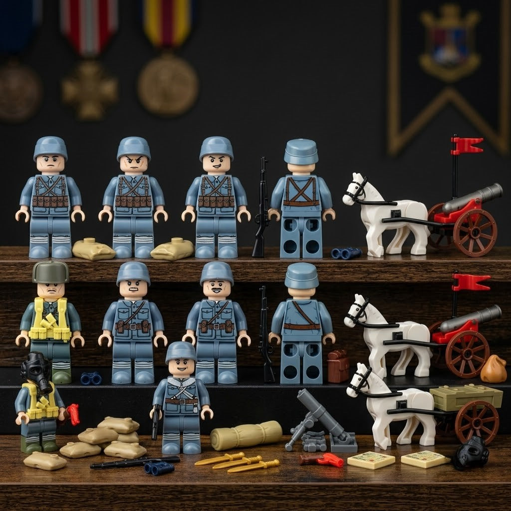Blue-Grey Infantry Minifigure Set - 12 Soldiers with Horse-Drawn Transport