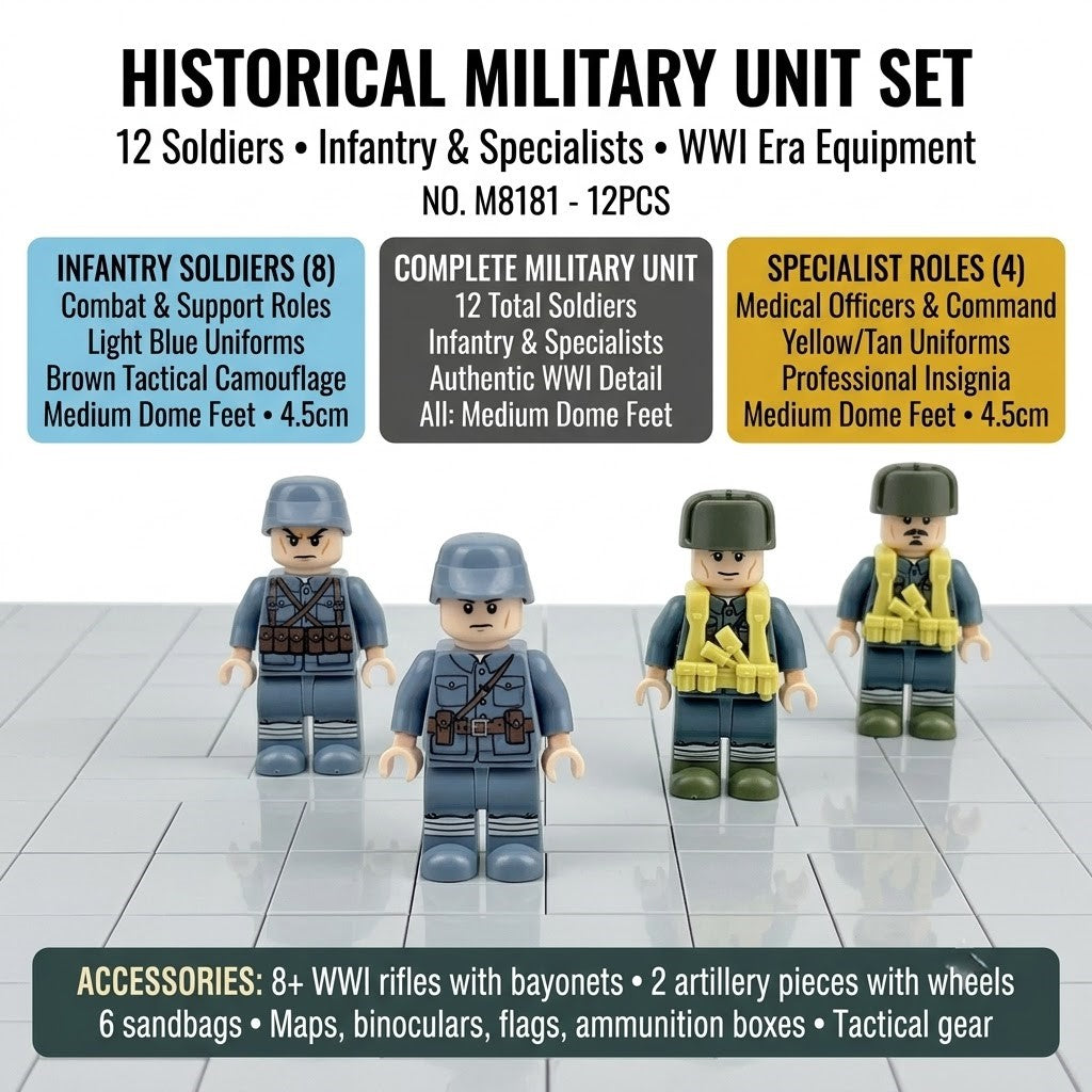 Blue-Grey Infantry Minifigure Set - 12 Soldiers with Horse-Drawn Transport