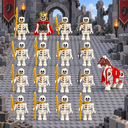 Sixteen-figure skeleton army with fifteen warriors, one crowned king, and an armored horse