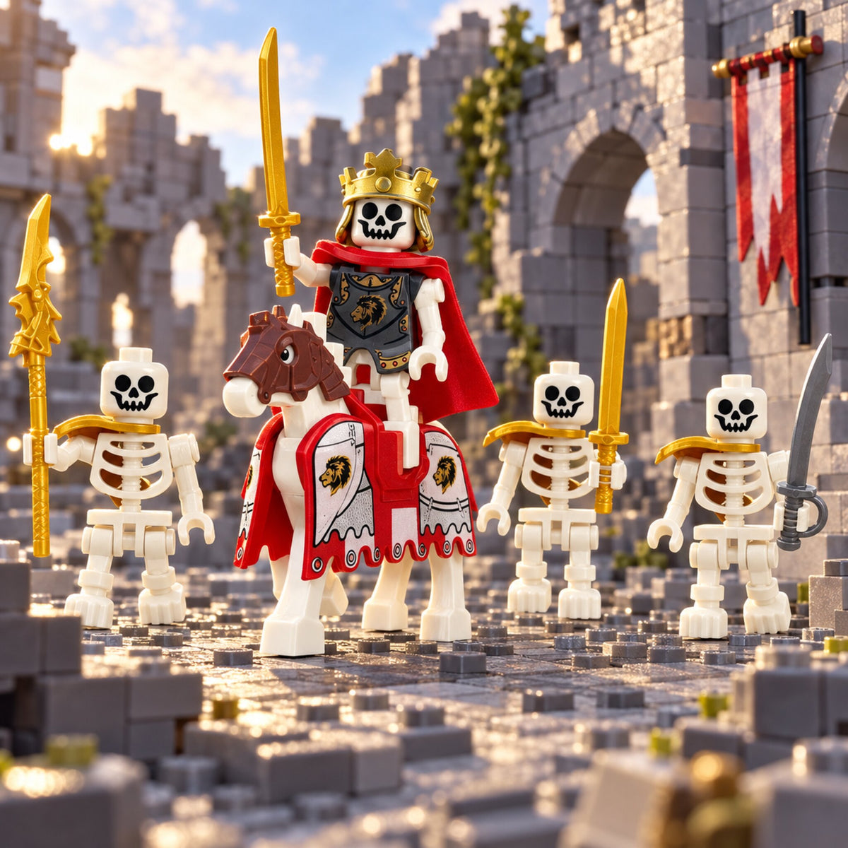 Skeleton king on armored horse with three warriors from the sixteen-figure fantasy set