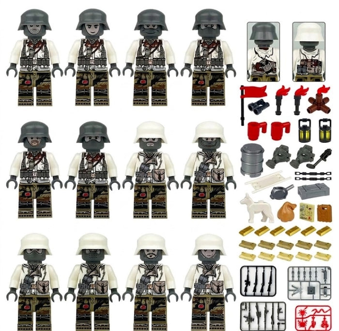 WWII Elite Infantry minifigure collection with weapons and equipment
