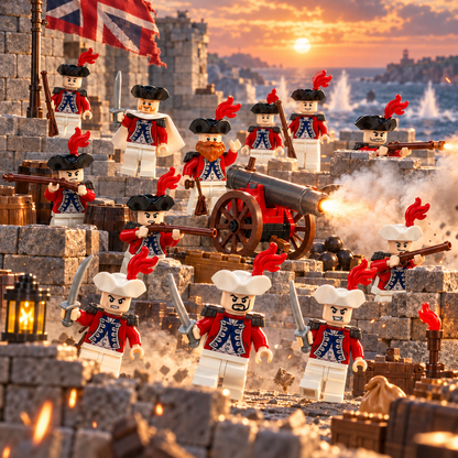 Twelve British redcoat minifigures defending a coastal fort with a firing cannon