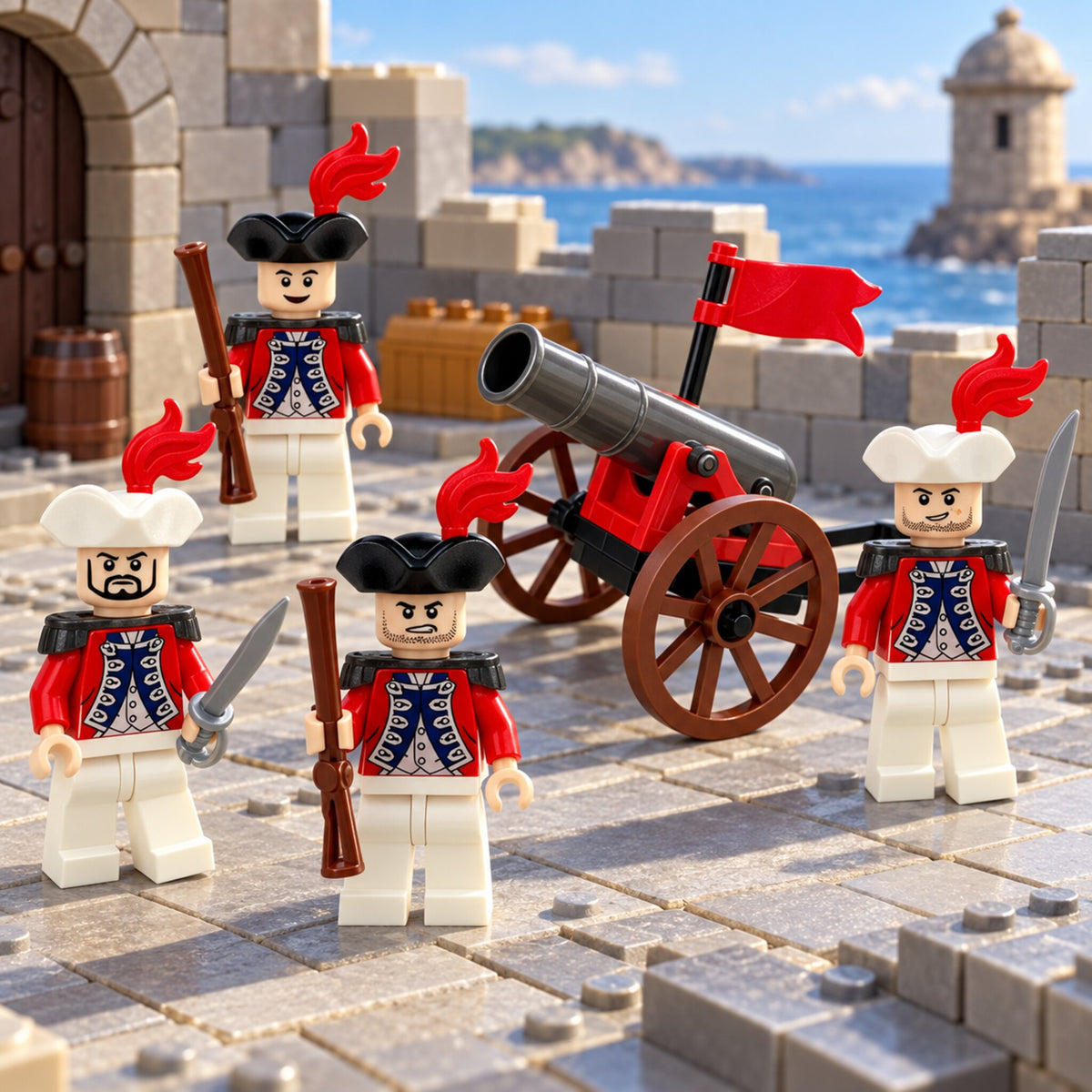Four redcoat minifigures beside the cannon from the twelve-figure set