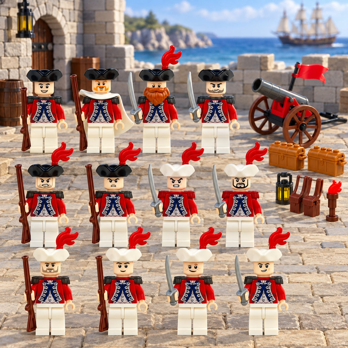 Twelve redcoat soldier minifigures with cannon arranged in a coastal fort