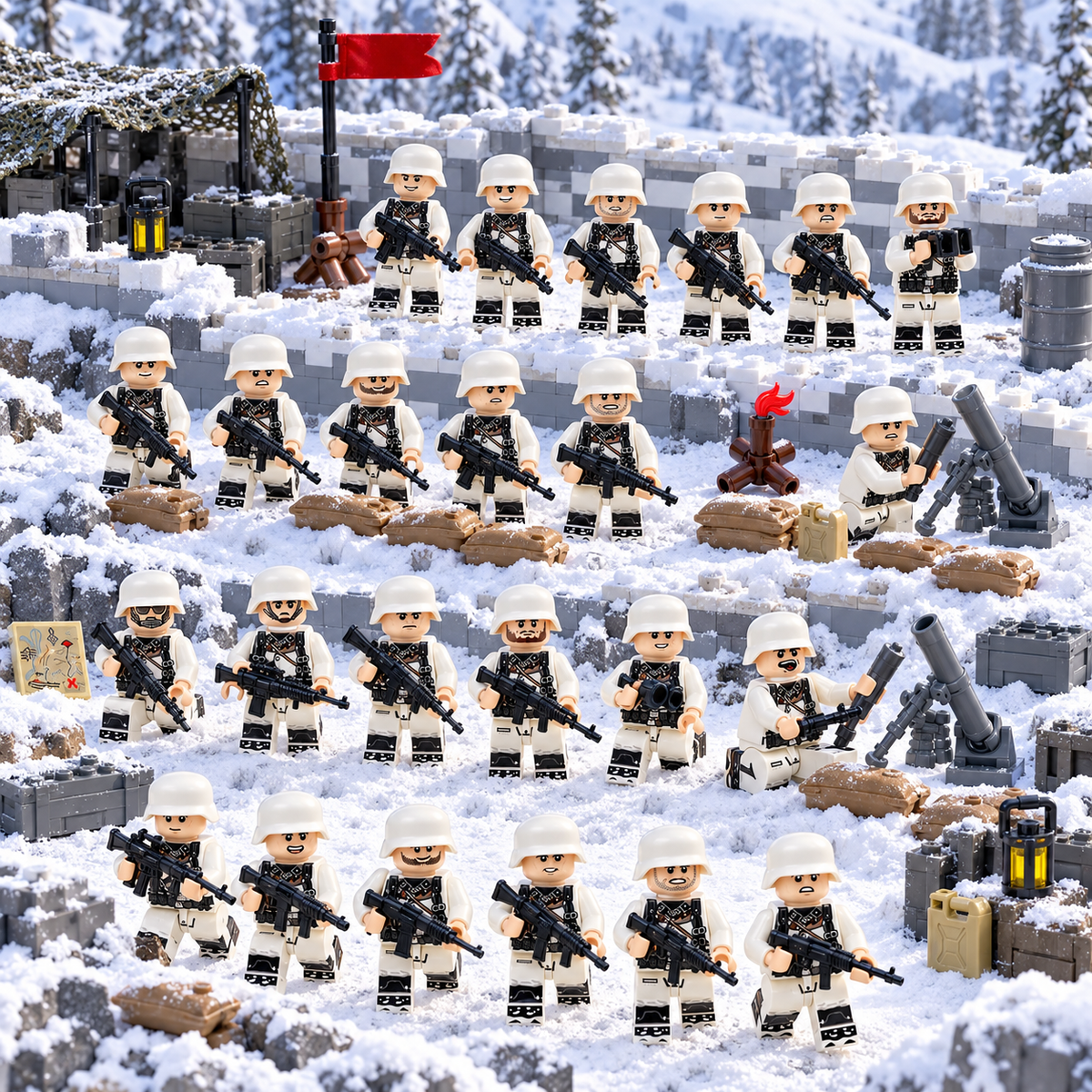 All 24 winter soldier minifigures arranged in a snowy forward camp