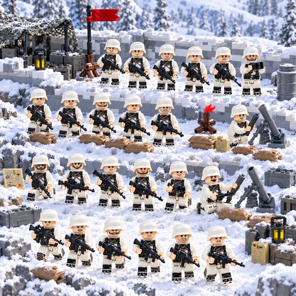 All 24 winter soldier minifigures arranged in a snowy forward camp