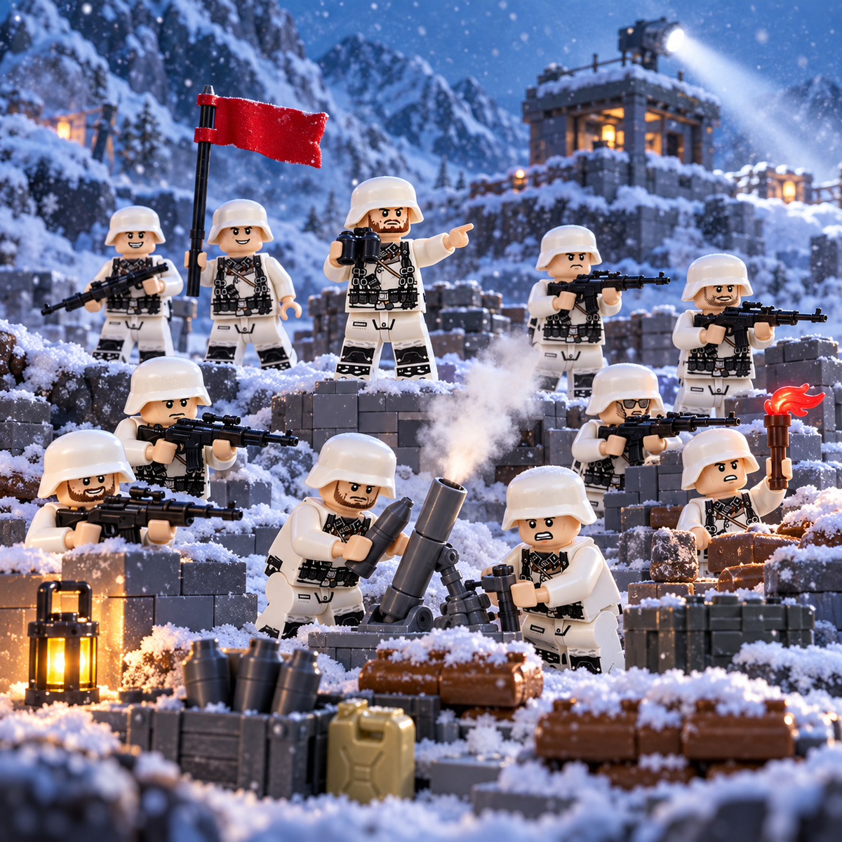 Winter soldier minifigures defending a snowy mortar position