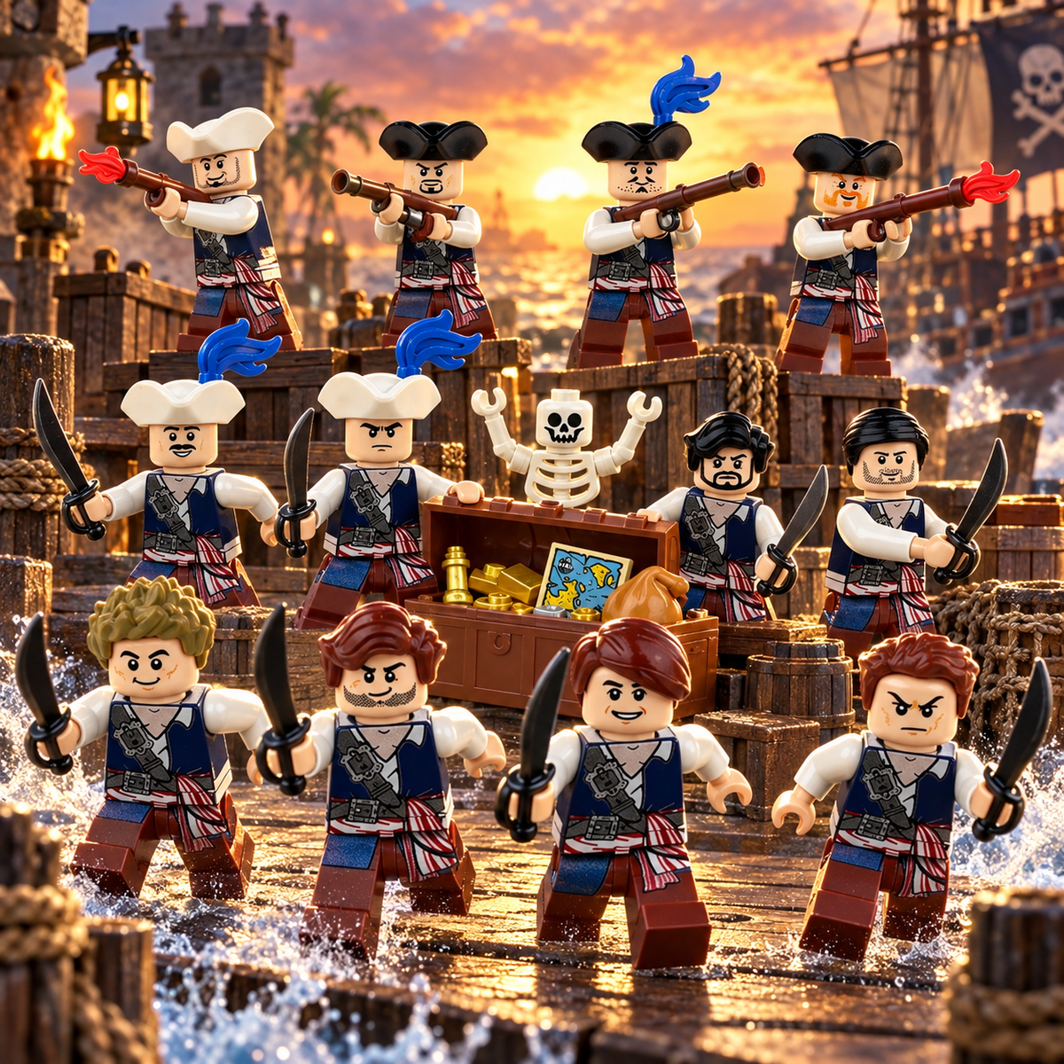 Pirate Crew 12 Figure Set — twelve pirates and skeleton in a harbor battle; illustrative scenery not included