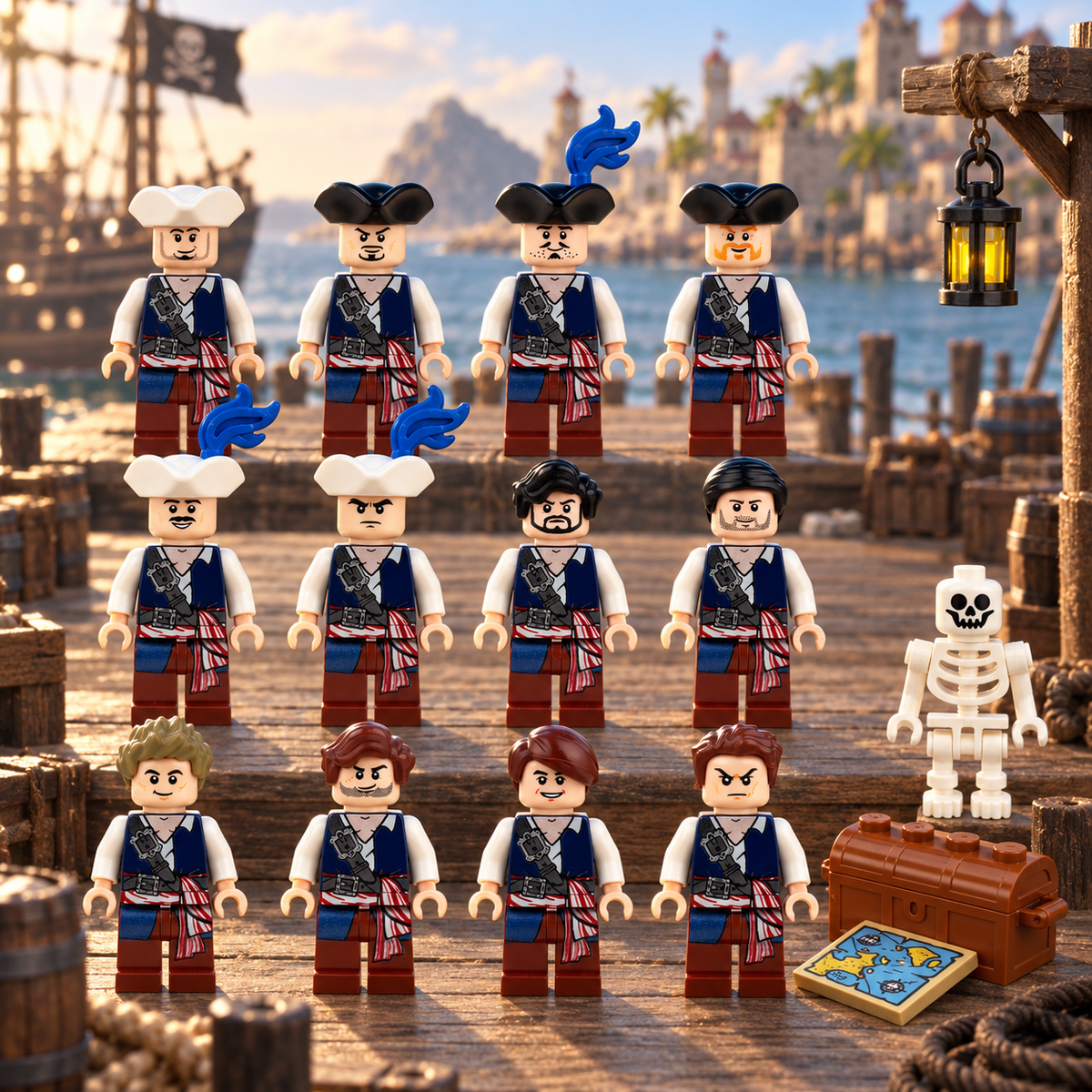 Pirate Crew 12 Figure Set — all twelve pirates and skeleton standing at a harbor; illustrative scenery not included