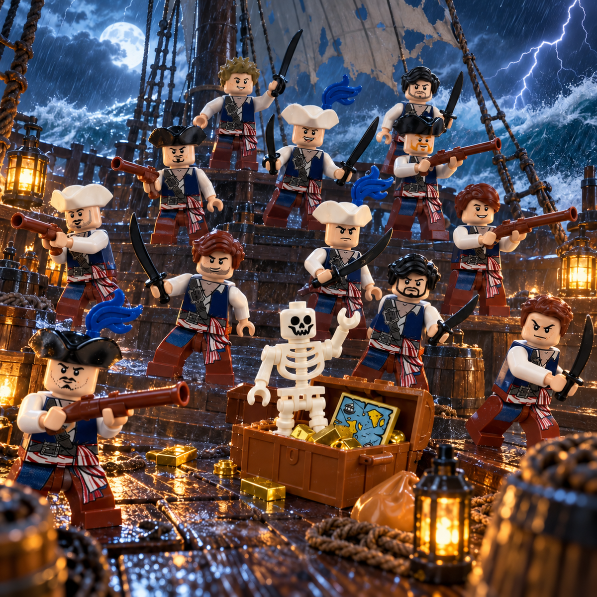 Twelve pirate minifigures and a skeleton defending a treasure chest on a stormy ship deck