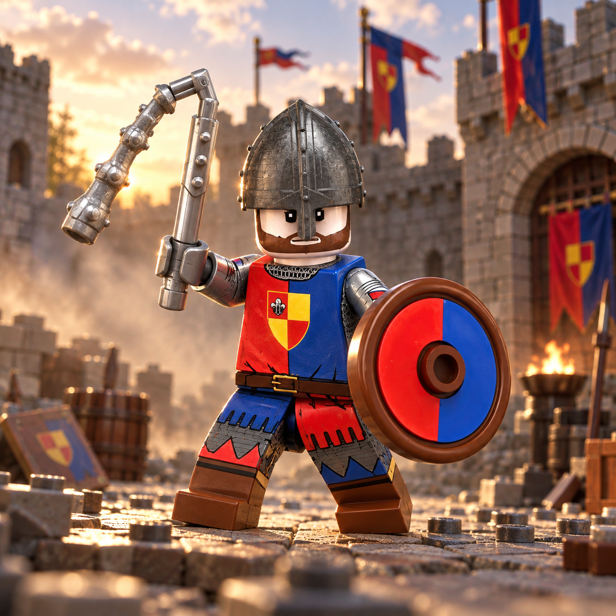 Blue and Red Heraldic Knight Minifigure battle scene