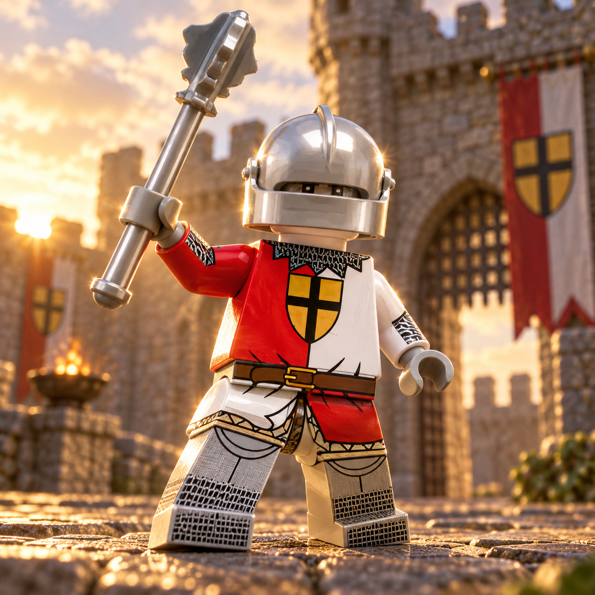 Red and White Armored Knight Minifigure battle scene