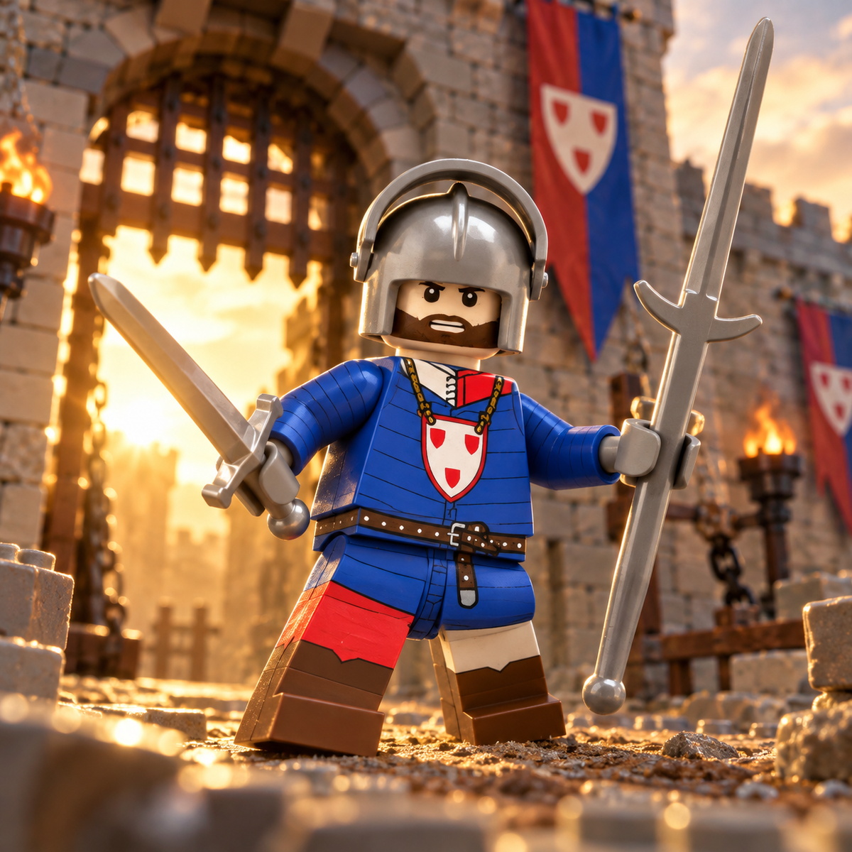 Blue and Red Polearm Knight Minifigure battle scene