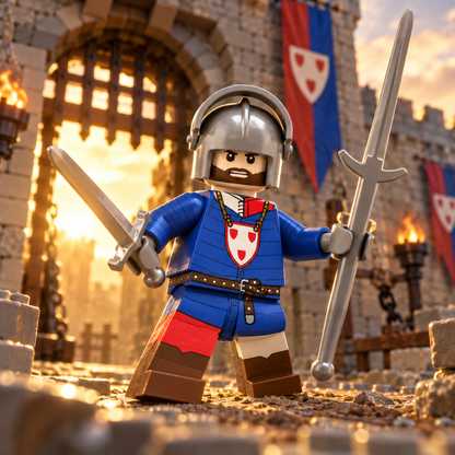 Blue and Red Polearm Knight Minifigure battle scene