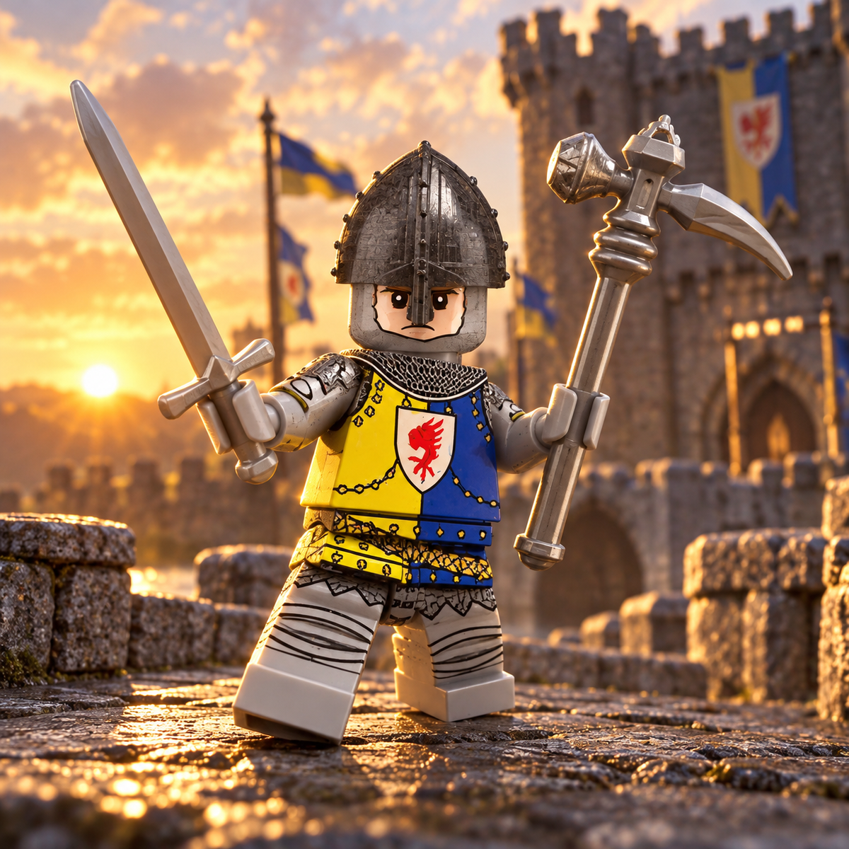 Silver and Blue Armored Knight Minifigure battle scene