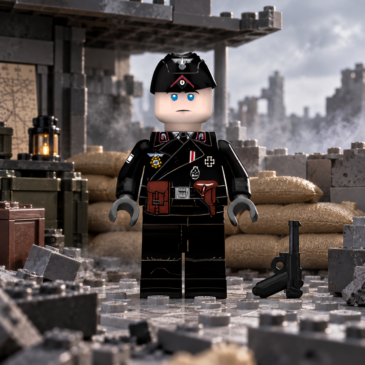 Black Uniform Historical Military Officer Minifigure in brick-built tactical scene