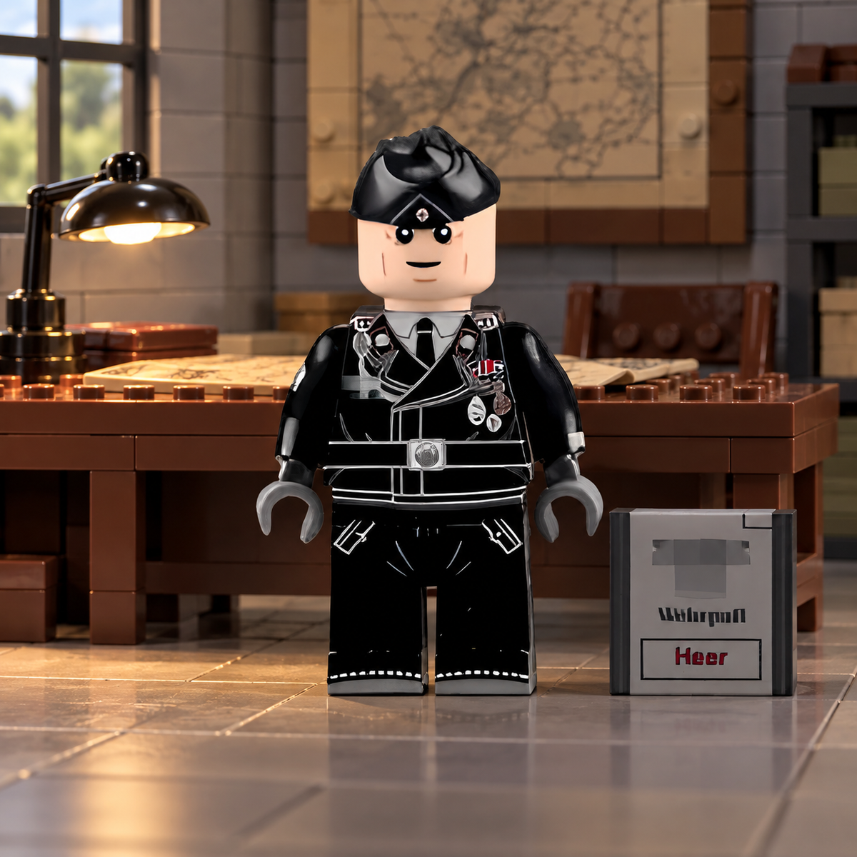 Black Uniform Historical Military Officer with Crate battle scene