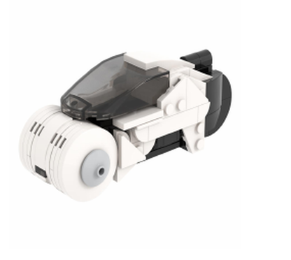 White and black monowheel speeder bike with enclosed canopy