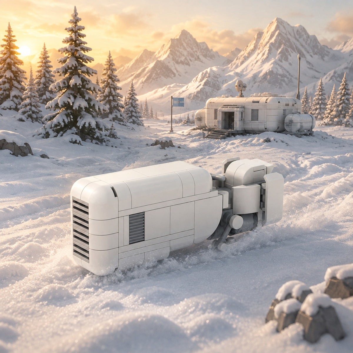White Snowmobile in a winter expedition scene; scene props not included