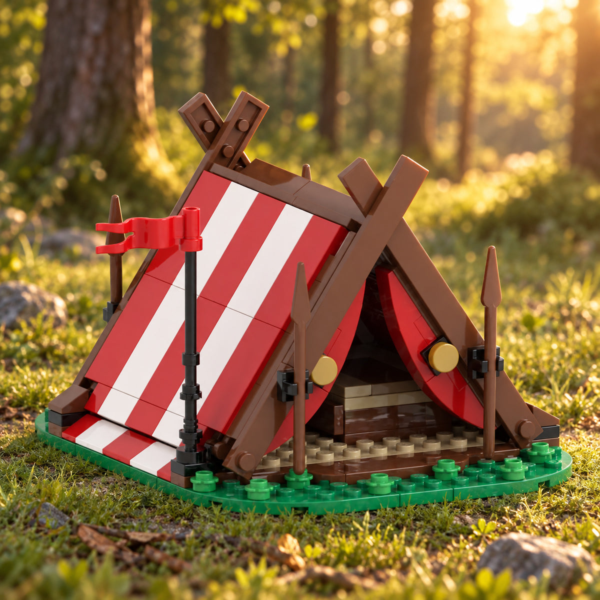 Red-striped A-frame camp tent in an illustrative forest setting. Scenery and additional props not included.