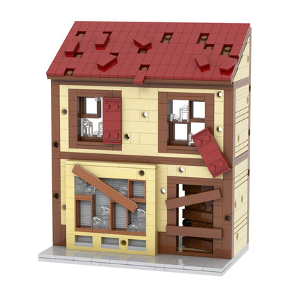 Two-Storey House with Boarded Windows and Red Roof