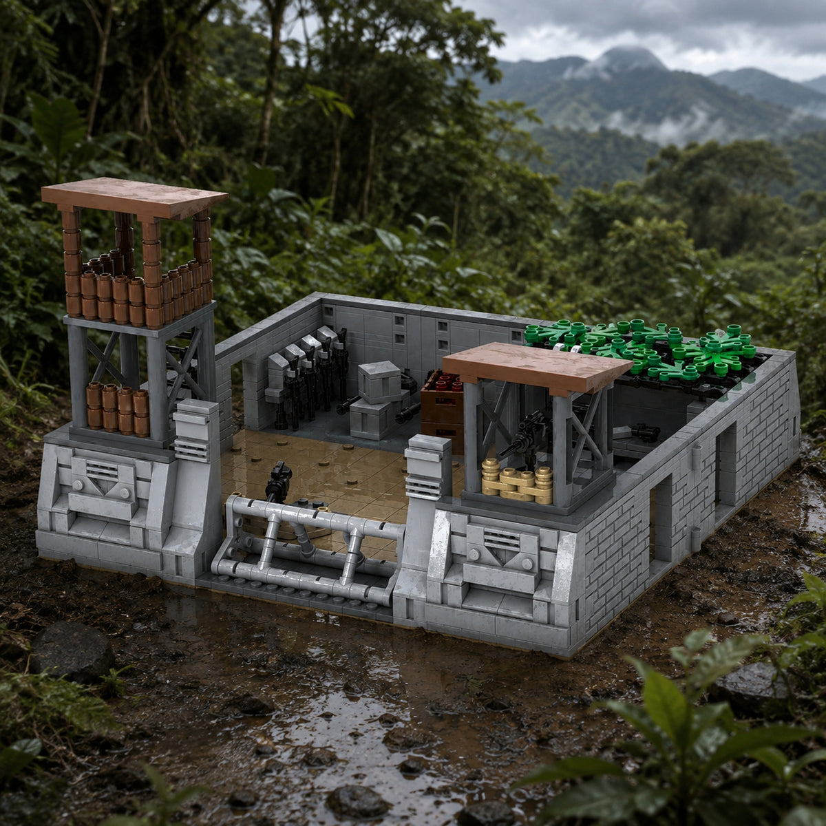 Walled Base with Watchtower in a fortified jungle outpost