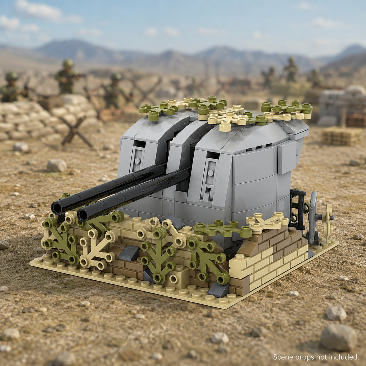 Twin-Gun Bunker Turret in a battle scene; scene props not included