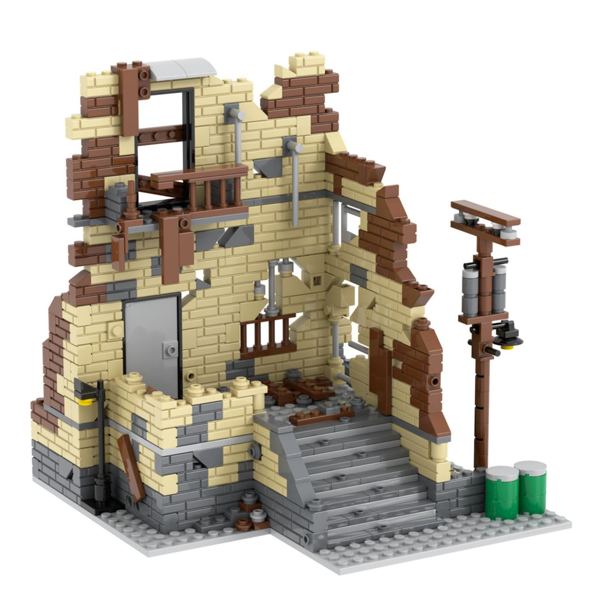 Ruined Building with Stone Staircase and Street Lamp