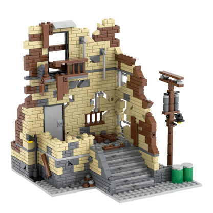 Ruined Building with Stone Staircase and Street Lamp