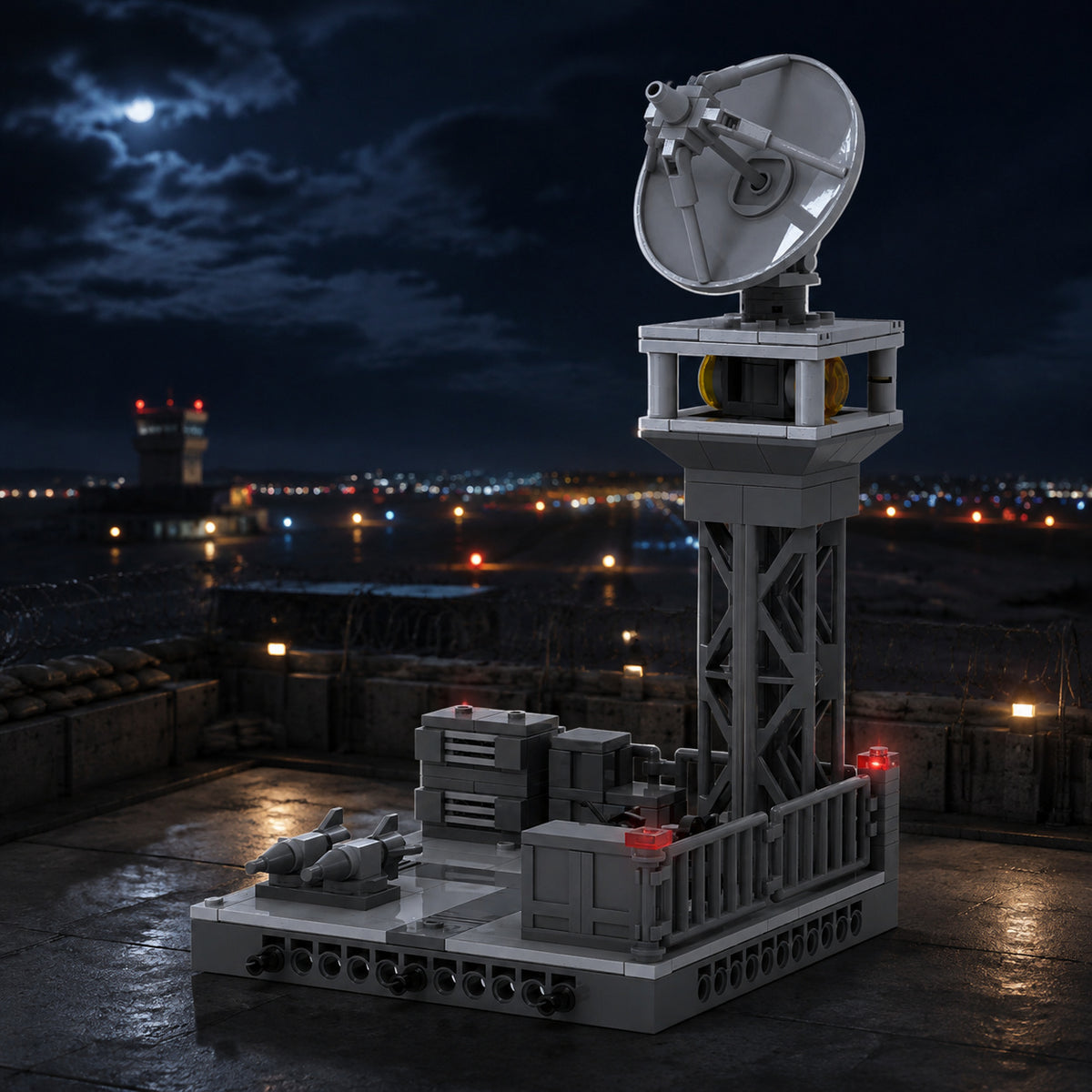 Radar Searchlight Tower at a nighttime forward base