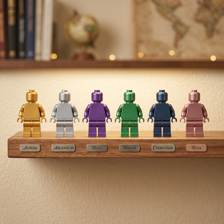 Monochrome Metallic minifigures lined on shelf with Latin color nameplates