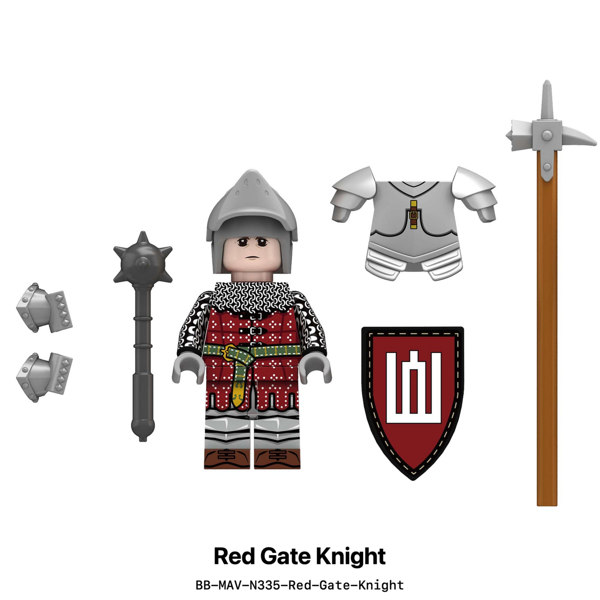 Red Gate Knight minifigure with red shield, mace, armor, and war hammer