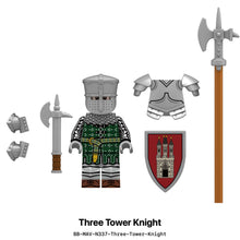 Three Tower Knight minifigure with red castle shield, axe, and halberd