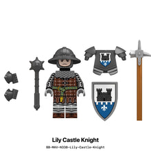 Lily Castle Knight minifigure with blue and white shield, mace, and war hammer