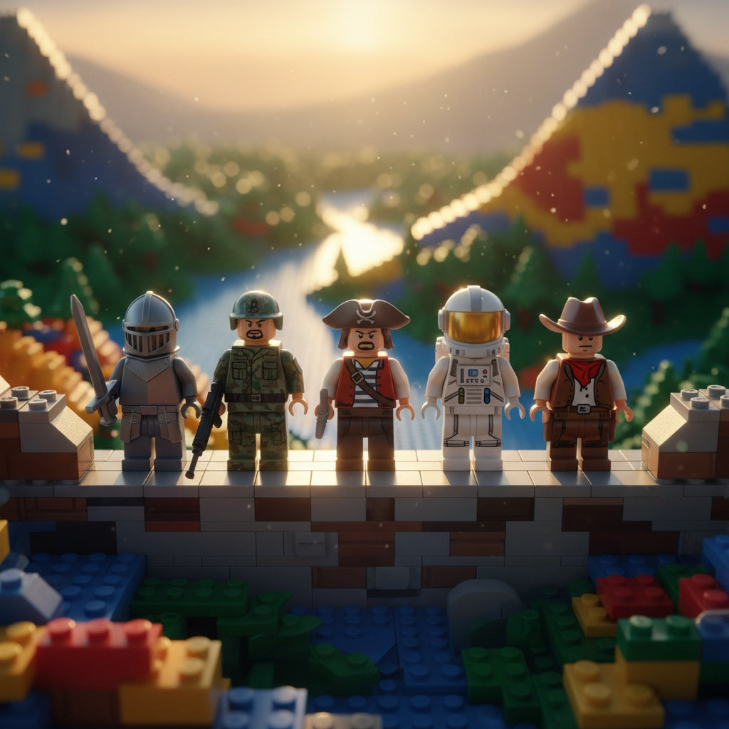 Five mixed theme minifigures standing together on a brick built castle rampart at sunset