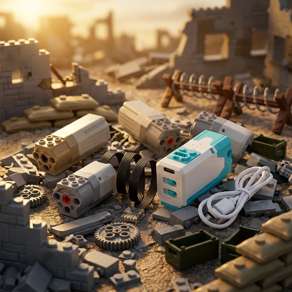 Power Functions motor assortment, brick MOC battle scene