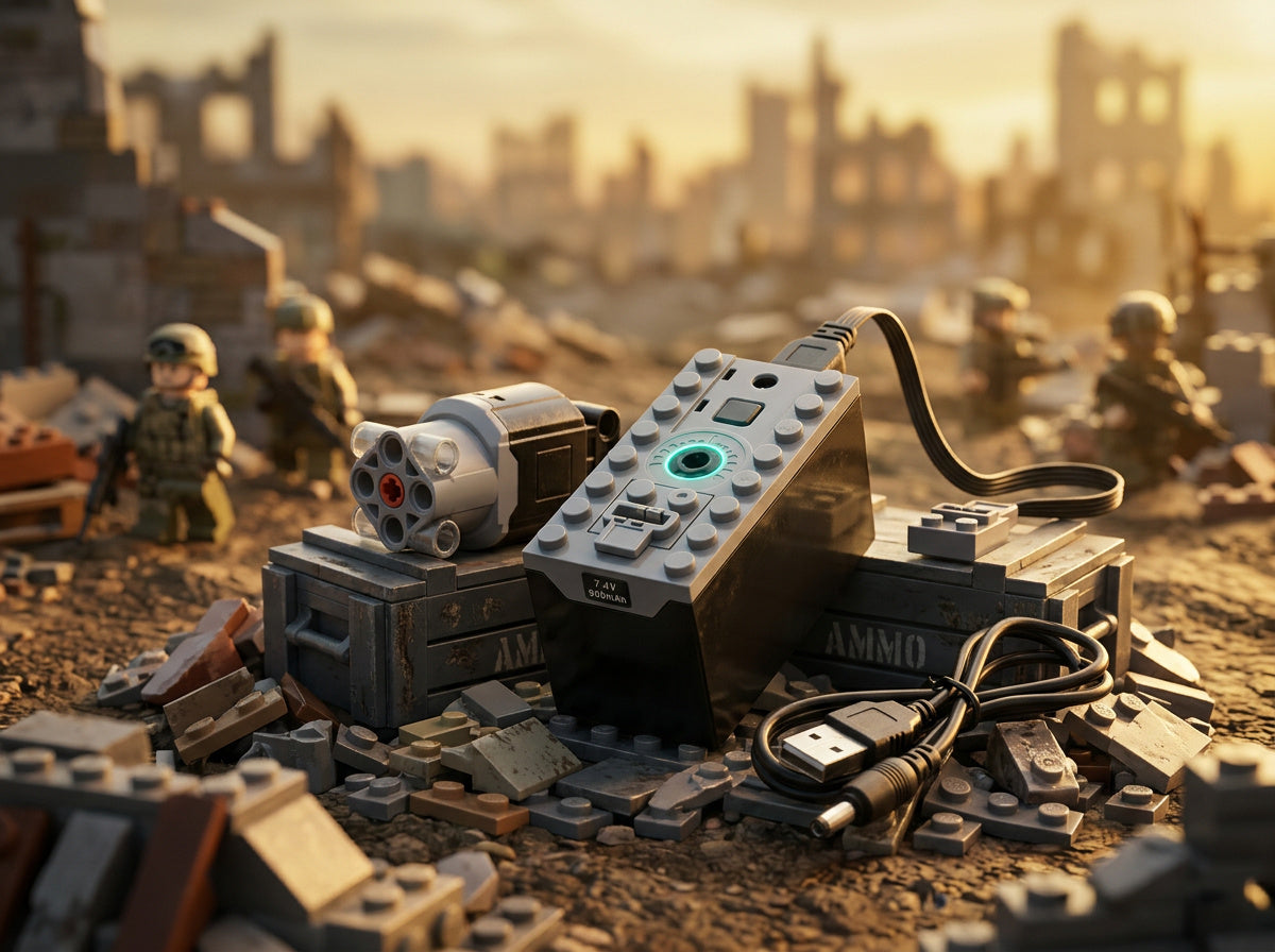 Power Functions battery box and motor, brick-built battle-scene diorama