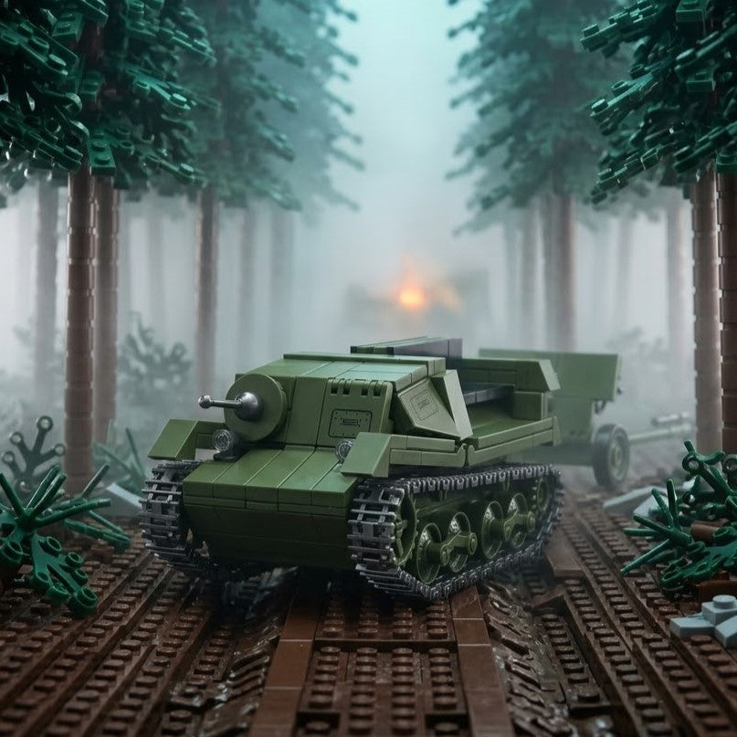 Green Armored Tractor with Field Cannon Building Brick Set