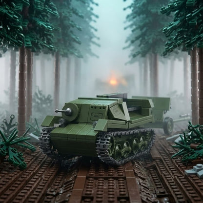 Green Armored Tractor with Field Cannon Building Brick Set