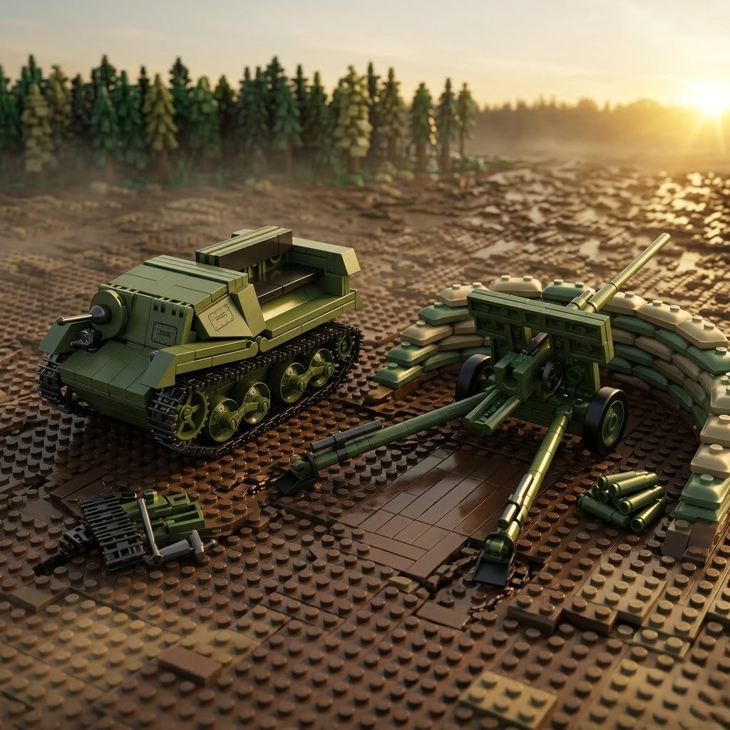 Green Armored Tractor with Field Cannon Building Brick Set