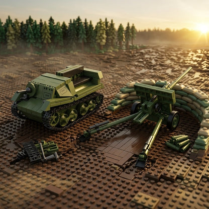 Green Armored Tractor with Field Cannon Building Brick Set